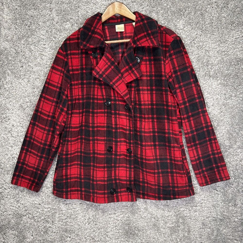 Natural Reflections Red Plaid Fleece Peacoat Jacket XL Double Breasted